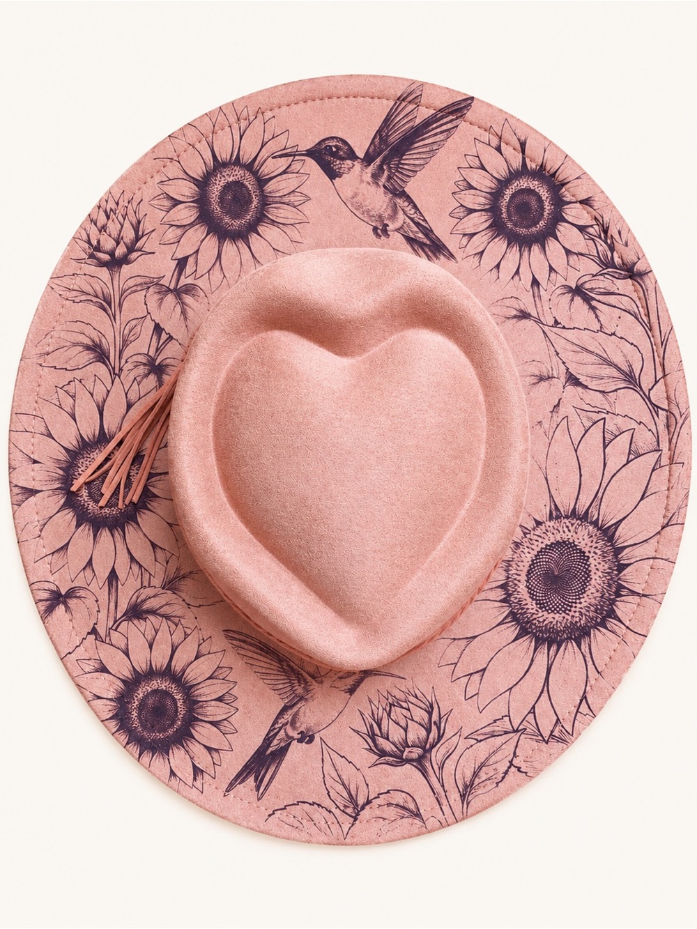 Sunflower & Hummingbird Vegan Suede Heart Crown Cowboy Hat | Adjustable Fit Boho